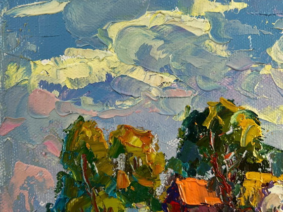 Image 1 of Original Oil Painting Summer Village Landscape Clouds drifting in the sky