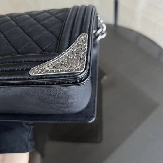 Image 1 of Chanel Boy Medium - 25CM Paris-Dallas Metal Edge Grained Calfskin Black Silver Hardware Series 19