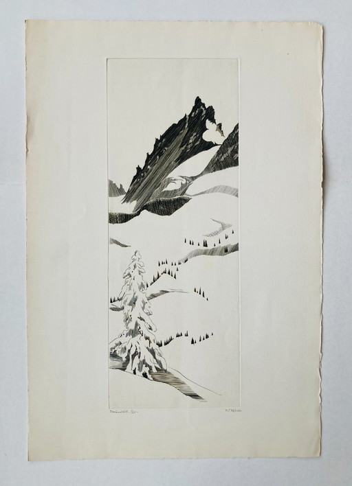Yves Tregan - Vintage Etching - Abstract Mountain Landscape