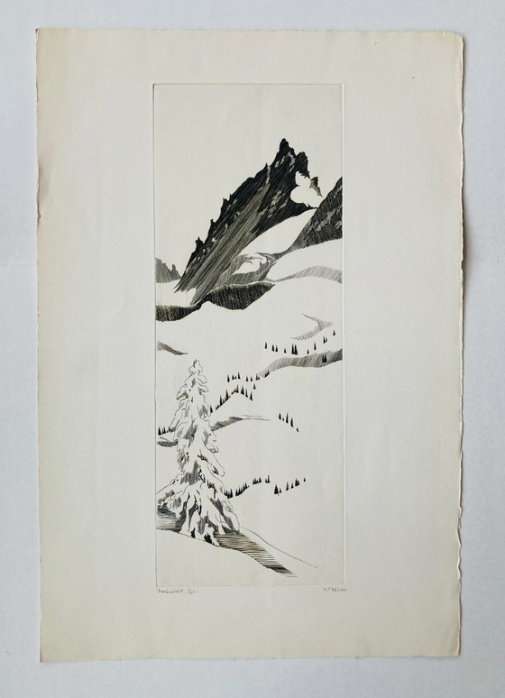 Image 1 of Yves Tregan - Vintage Etching - Abstract Mountain Landscape