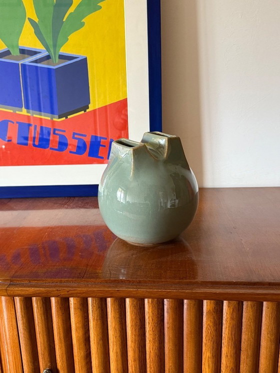 Image 1 of Mid-century Modern green spherical stoneware vase, Franco Bucci Italy ca. 1970