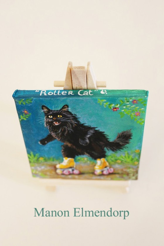 Unique Hand-Painted Small Painting of a Roller Skating Cat – Paintings & Drawings, Canvas, Wood (photo 3 of 6)