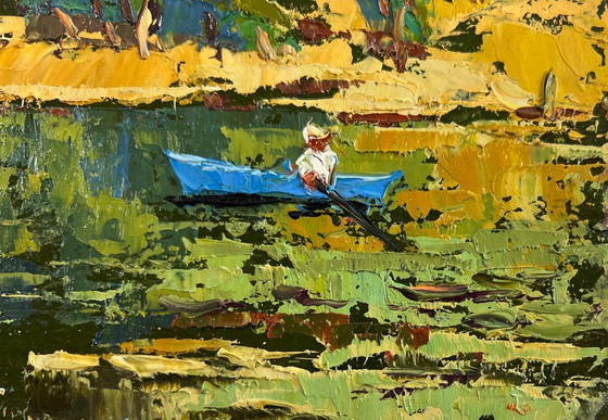 Image 1 of Original Oil Painting Autumn Forest Landscape Dawn over a quiet river