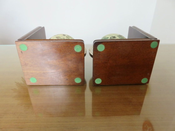 Image 1 of Pair of wooden "globe" bookends, 1970