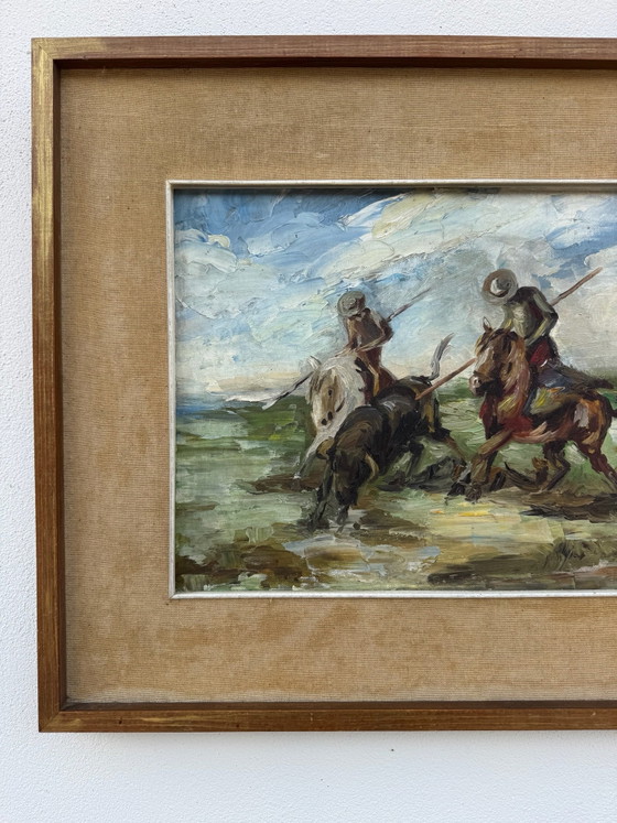 Tableau huile scène camarguaise 20ème – Peintures et dessins, Bois (photo 4 of 11)