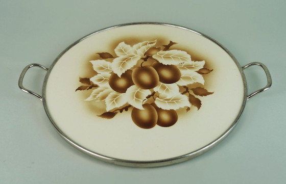 Image 1 of art nouveau art déco CAKE PLATTER cake plate ceramic and metal plum decor