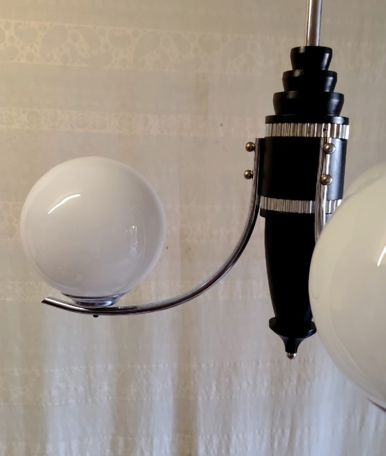Lampadario Art Déco in metallo, legno e globo in vetro opalino - Anni '40/'50 – Glass (photo 8 of 10)