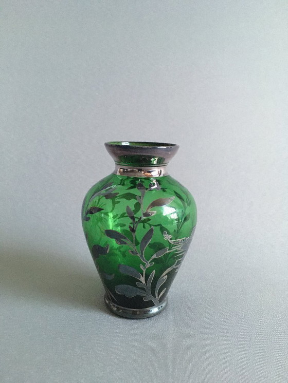 Image 1 of Antique green glass vase with silver print
