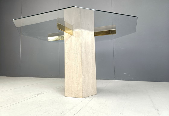 Image 1 of Vintage Octagonal Travertine And Brass Dining Table By Artedi, 1970S