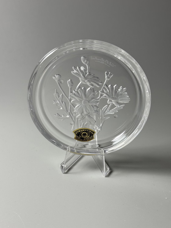 Image 1 of Coffret de 6 sous-verres en cristal Val Saint Lambert « Fleurs » – Motifs floraux – Style années 1950 – En boîte