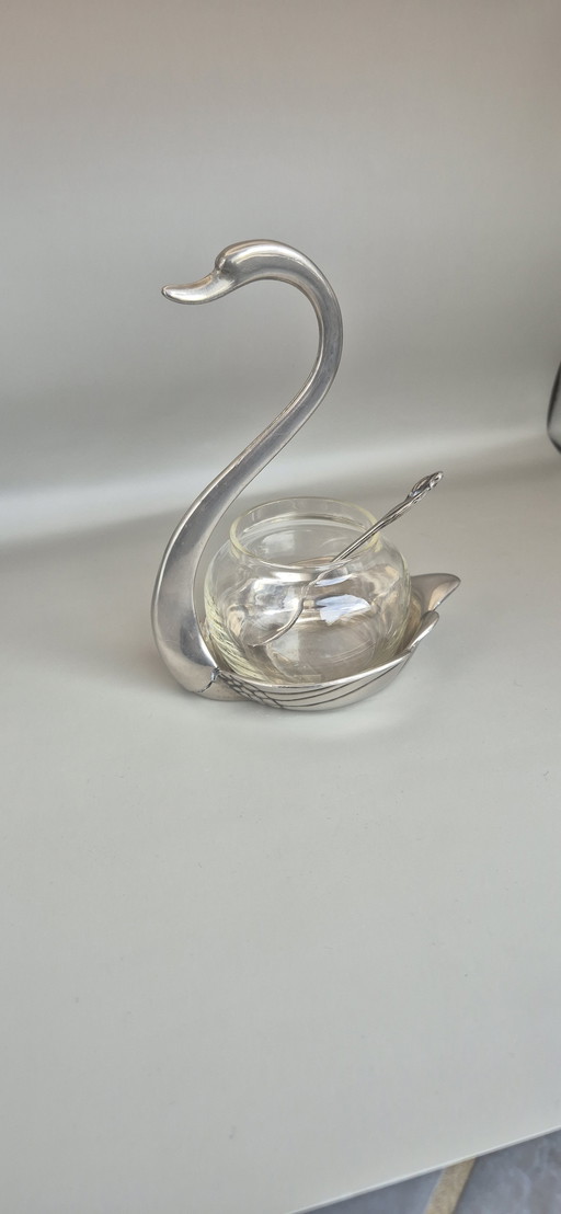 Vintage Swan-Shaped Jam or Sugar Bowl – Silver Metal & Glass – With Spoon