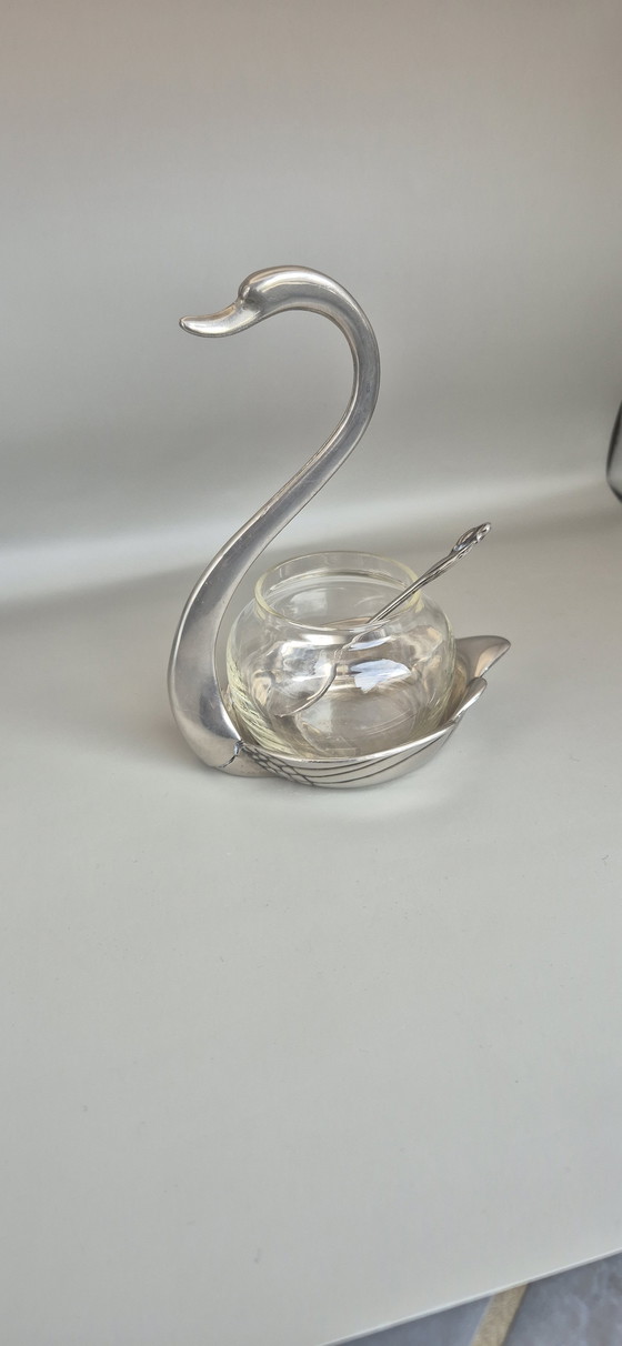 Image 1 of Vintage Swan-Shaped Jam or Sugar Bowl – Silver Metal & Glass – With Spoon