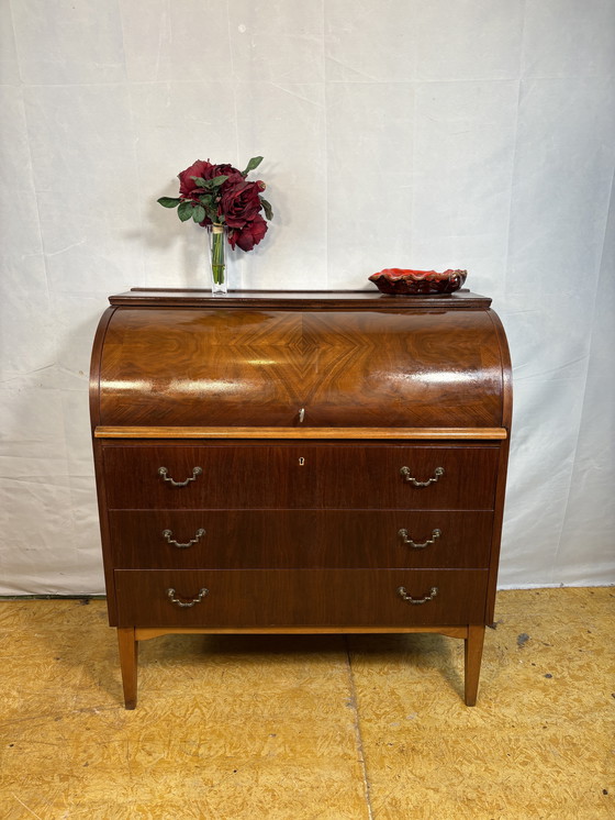 Image 1 of Mid-Century Swedish Teak (or Walnut) Roll-Top Bureau by Egon Østergaard for AB Bröderna Gustafssons 1960  Bring a timeless Scand