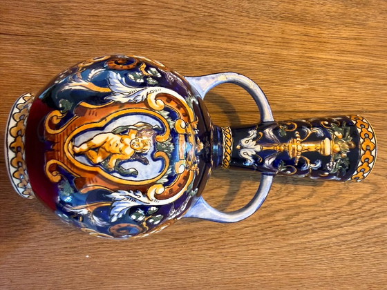 Vintage Gien France vaas met oren – Renaissance Fond Bleu (jaren '60) – Tafelaccessoires, Ceramic (photo 2 of 6)