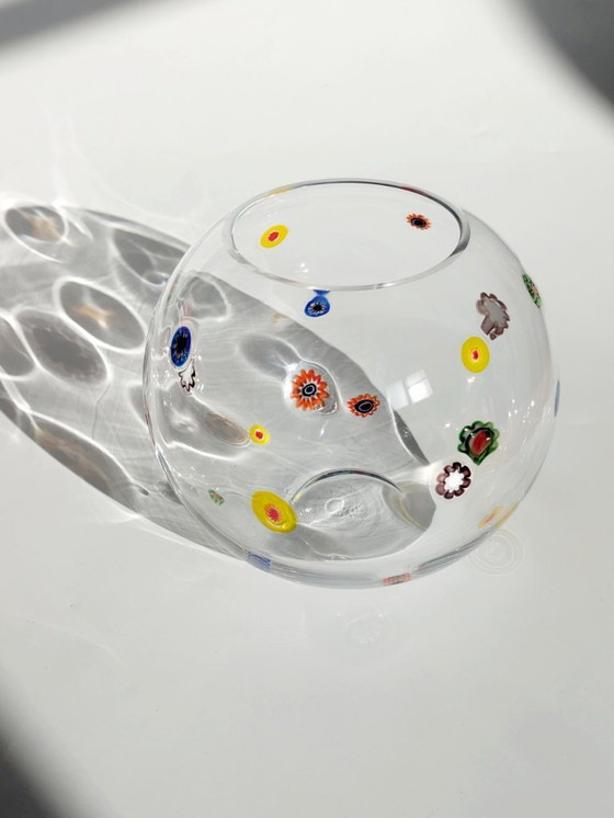 Image 1 of 1990s Leonardo Millefiori Ball Glass Vase, German Art Glass Murano Style Floral Inclusions