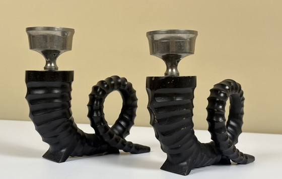 Image 1 of 2 x Vintage Chapman black chrome horn candlesticks bronze