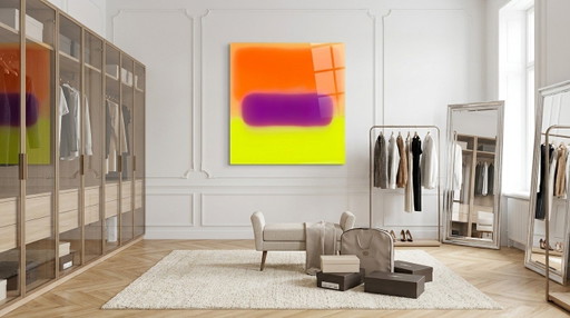 Exhibition piece – Abstract color field painting in neon orange and purple | 95 × 95 cm | 5 mm acrylic glass (photo 2 of 7)