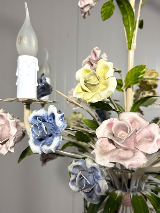 Image 1 of Italian chandelier with porcelain flowers 1950s