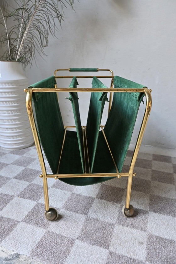 Image 1 of Brass Lectern on wheels, green suede upholstery