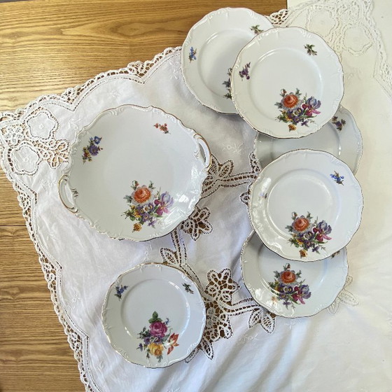 Image 1 of Service dessert porcelaine ancienne Edelstein Bavaria Maria Theresia 6 assiettes et plat de service
