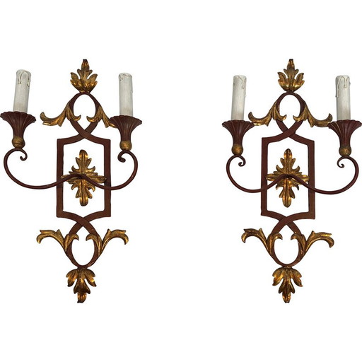 Pair of vintage red patinated wrought iron and wood wall lamps, 1940