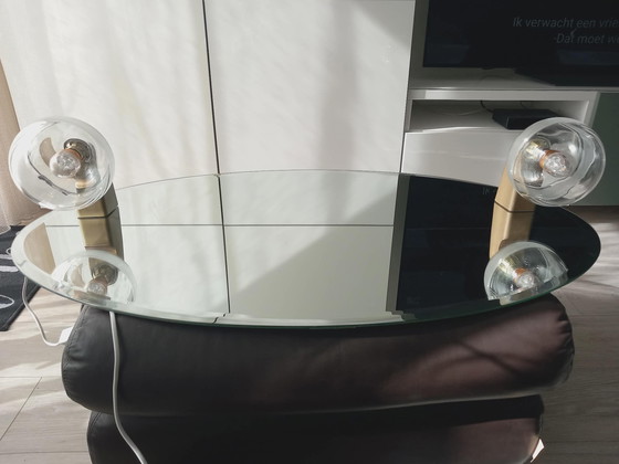 Image 1 of Mid Century Crystal-Cut Bathroom Mirror with 2 spherical glass lights on Solid Brass Fixture T+L Royal Germany