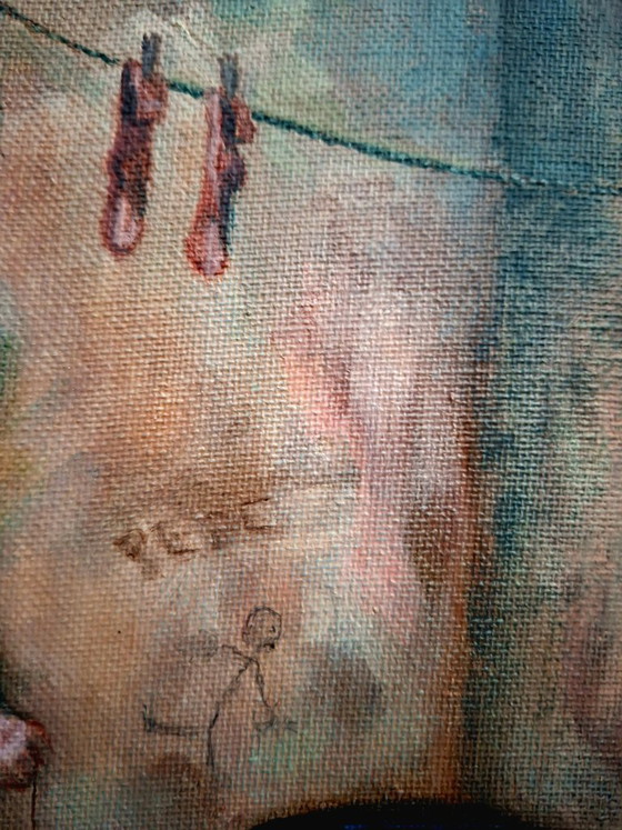 Image 1 of Cuadro Óleo sobre lienzo firmado (1970-1980) - Niño descalzo y gato negro - Decoración 