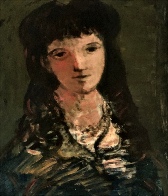 Image 1 of Portrait Woman with Hat Oil Painting signed French Expressionist Sylvain Vigny