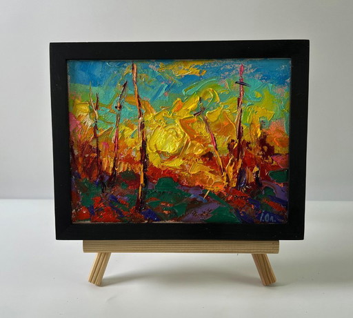 Originales Ölgemälde Sommerabendlandschaft Sonnenuntergang – schilderijen tekeningen, Canvas
