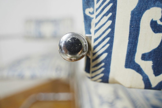 Image 1 of Bauhaus Cantilever Chairs, Portuguese Blue and White Tile Azulejo Upholstery Dining Chairs, Chromed Steel Frame Seating Set of 2