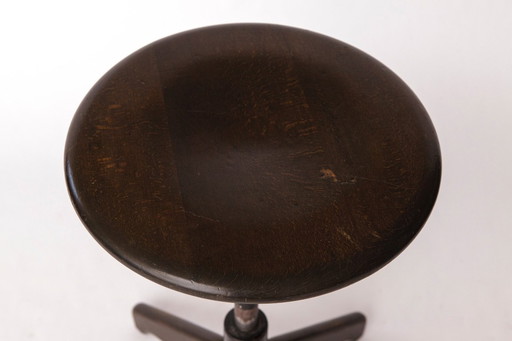 Vintage Swivel Stool – 1950s/1960s German Industrial Beech or Oak, Dark Stain, Mid Century Design