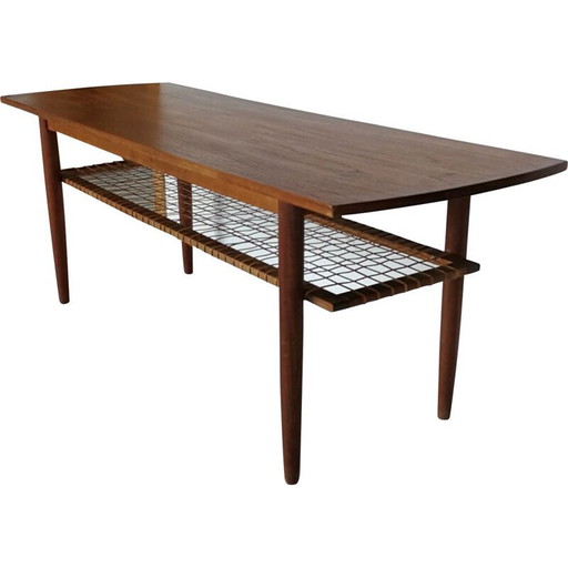 Tavolino da caffè vintage in teak e ratan intrecciato