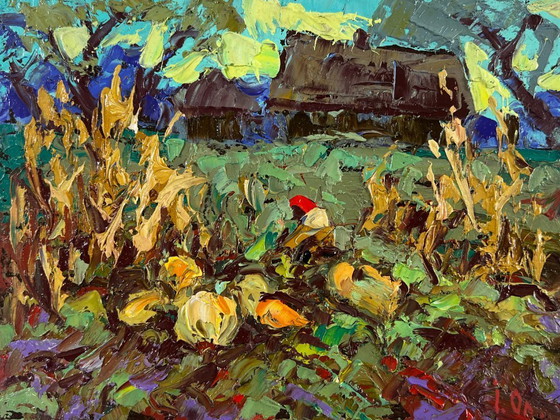 Image 1 of Original Oil Painting Evening Village Landscape The land that gives generosity