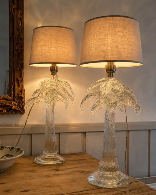 Pair of Italian Palm Tree Glass Lamps in the Style of Tommaso Barbi, 1970s