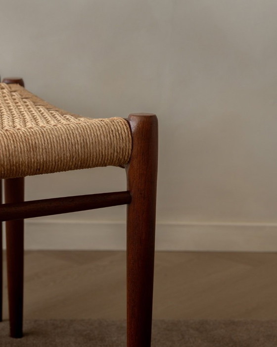 Image 1 of Vintage Danish Dining Chairs Model 75 by Niels Otto Møller for J.L. Møllers Møbelfabrik, Teak Paper Cord Chairs, 1950s, Set of 4