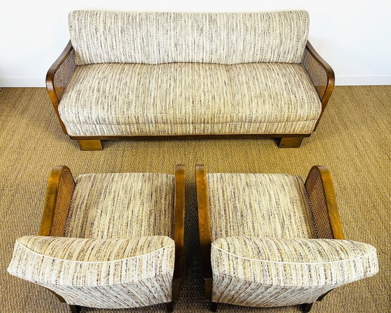 Image 1 of Vintage Art Deco woonkamerset van gebogen hout en riet, 1950, set van 3