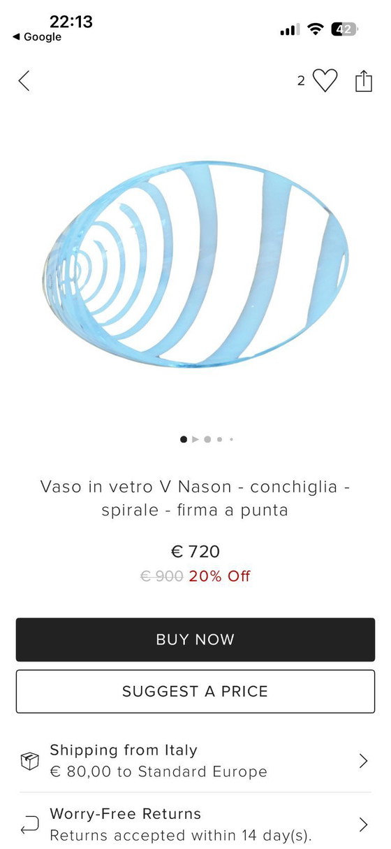 Image 1 of Murano design bowl / shell shape – spiral – V. Nason & C. Italy