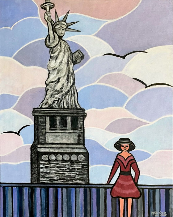 Image 1 of Beautiful series of 8 handmade paintings, theme ‘women and world buildings’.