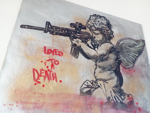 Putto avec une mitraillette" - peinture de rue/pop art à l'huile et aux techniques mixtes, environ 2010