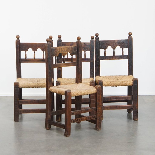 4 x Antique Spanish peasant chair with wicker seat