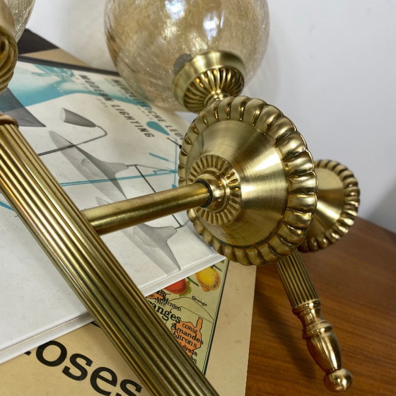 Pair of antique brass torch-style wall sconces with vintage gold crackled glass globes – Wall lights (photo 3 of 9)