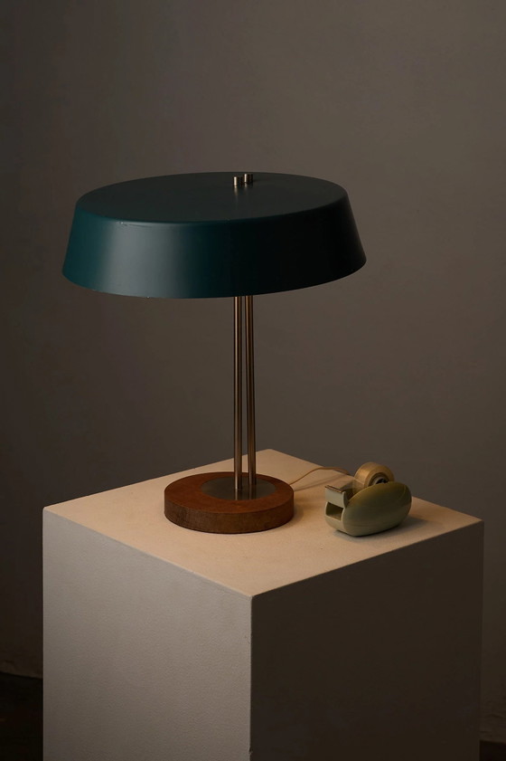 Mid-Century Modern Petrol Green Metal and Wood Table Lamp, Germany, Aluminium, Mid Century Modern (photo 9 of 10)
