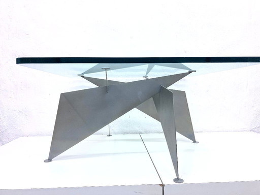 Designer coffee table metal frame with square glass top 80s 90s
