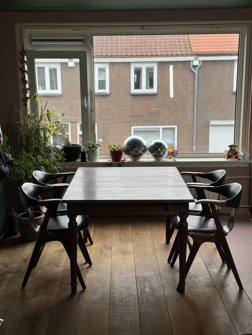 4x Authentic Louis van Teeffelen Koehoorn Chairs - Original Black Skai - Mid - Century Masterpiece