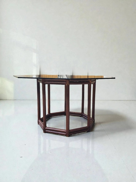 Bamboo-style wooden table with smoked glass top, 1970s – Dining tables (photo 5 of 8)