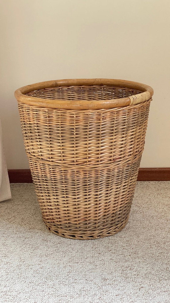 Image 1 of Grand PANIER Vintage OSIER Cerclé Bois