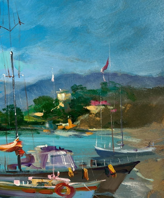 Image 1 of Original Oil Painting Summer Coastal Landscape Boats and lighthouse