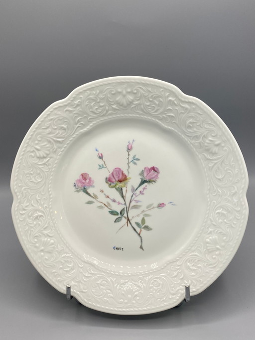 Piatto in porcellana di Limoges, bouquet di rose dipinto a mano, firmato Chris – decoratieve objecten, Porcelain