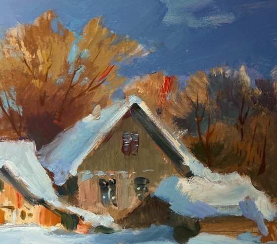 Image 1 of Original Oil Painting Winter House Landscape Houses under a blanket of snow