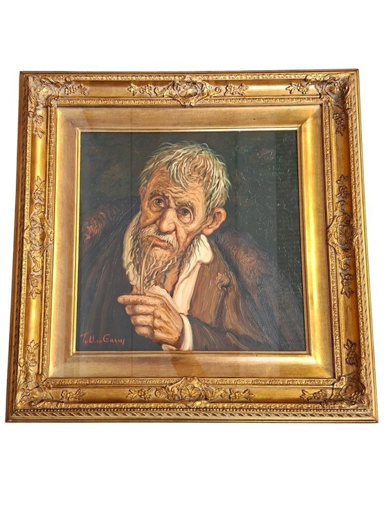 Image 1 of Seltenes Ölgemälde auf Leinwand von Tullio Grassi „Alter Mann mit Pfeife“